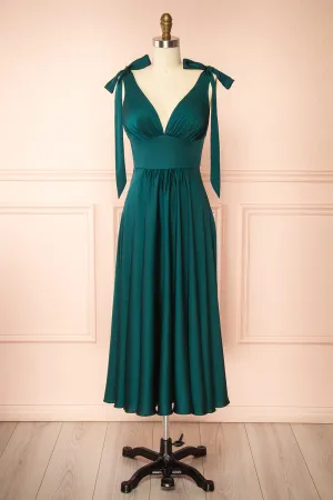 Vida Green | Satin Midi Dress w/ Tie Straps
